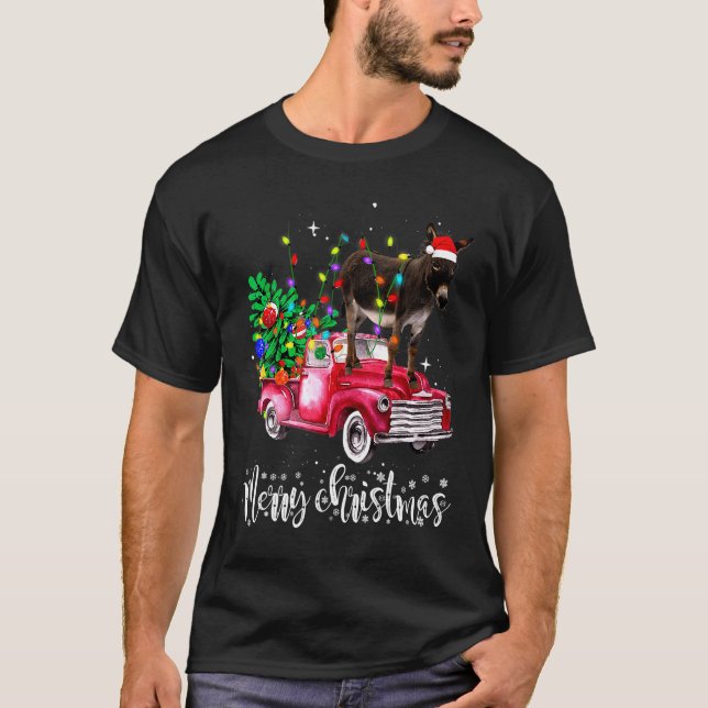 Donkey Riding Red Truck Xmas Merry Christmas T-Shirt (Front)