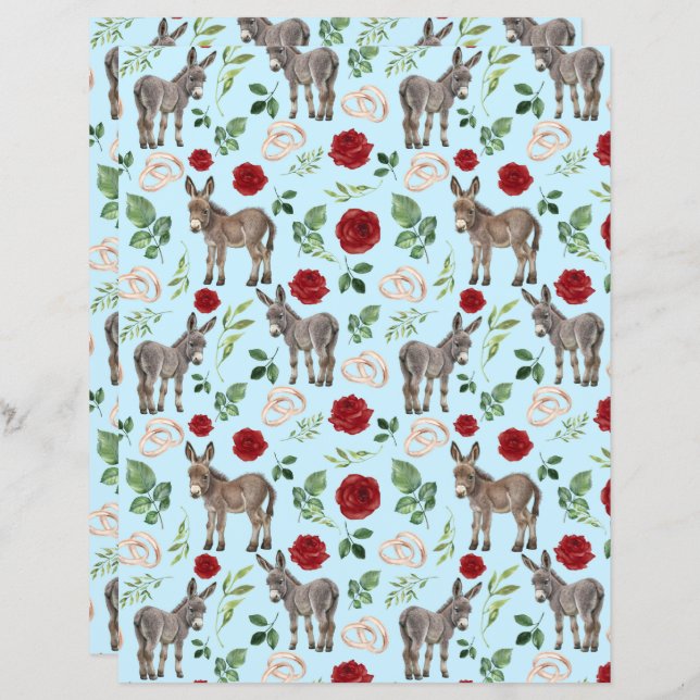 Donkey Wedding Scrapbook Paper in Blue (Front/Back)