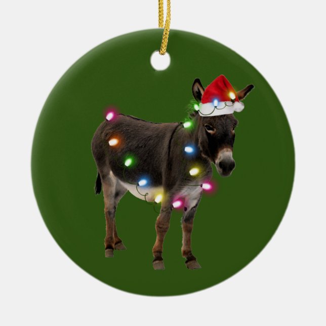 Donkey With Hat Lights Christmas Ceramic Ornament (Front)