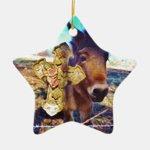 Donkey with Rose Cross Ceramic Ornament
