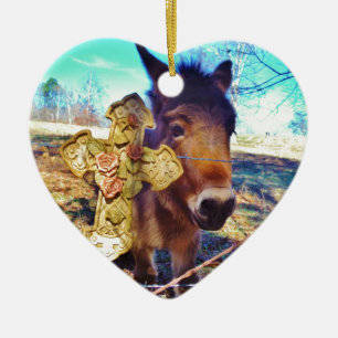 Donkey with Rose Cross Ceramic Ornament