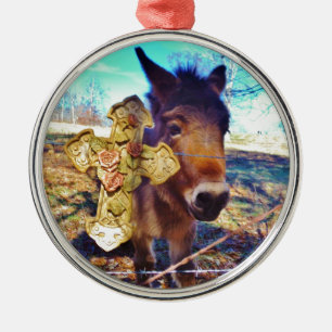 Donkey with Rose Cross Metal Ornament