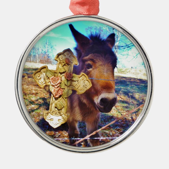 Donkey with Rose Cross Metal Ornament (Front)