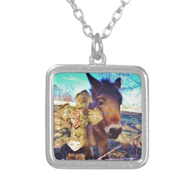 Donkey with Rose Cross Silver Plated Necklace (Front)