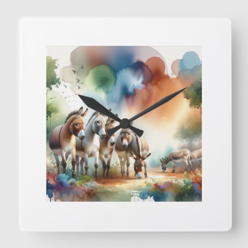 Donkeys in Harmony ABREF108 _ Watercolor Square Wall Clock