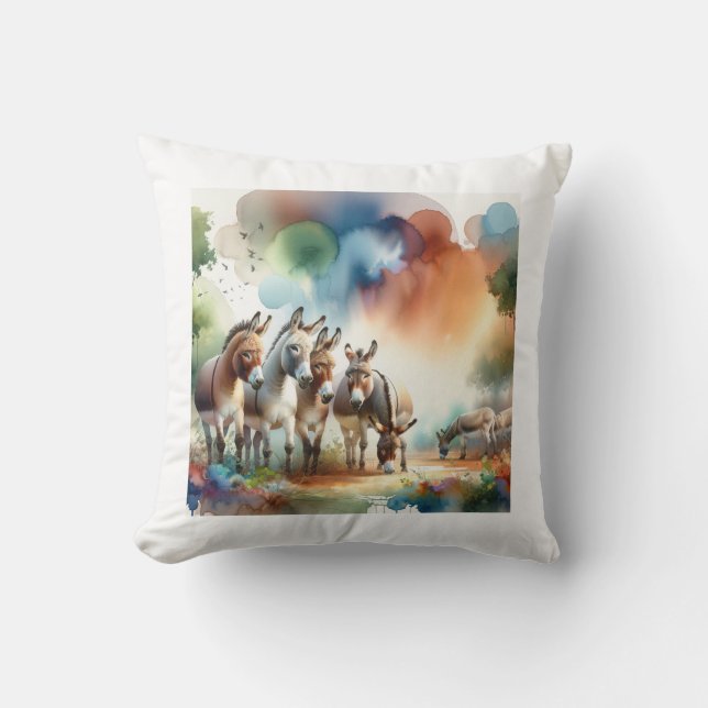 Donkeys in Harmony ABREF108 - Watercolor Throw Pillow (Front)