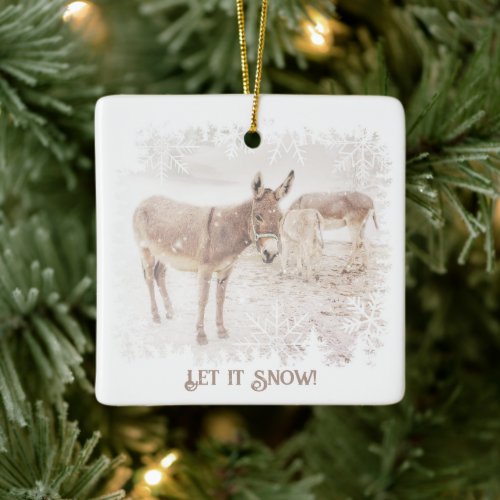 Donkeys in the Snow Ceramic Ornament