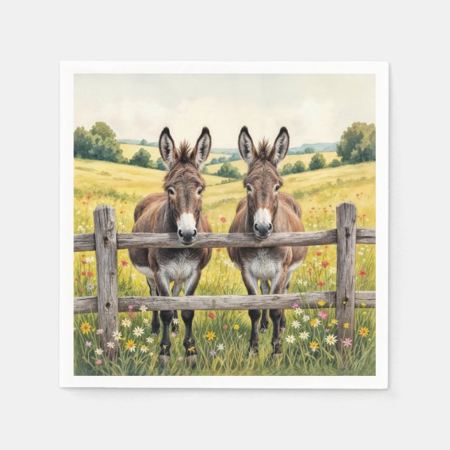 Donkeys Standing Behind a Fence In a Farm Pasture Napkins (Front)