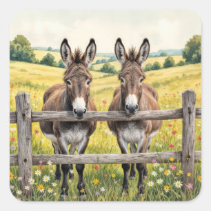 Donkeys Standing Behind a Fence In a Farm Pasture Square Sticker