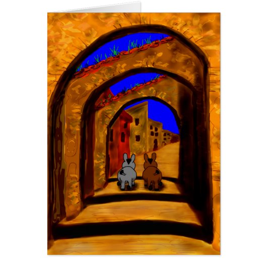 donkeys walking under arches cards (Front)