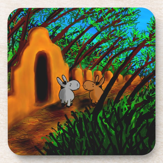 donkeys walking under trees drink coaster (Front)