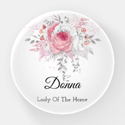 Donna NAME MEANING Pink Silver Gray  Roses Wreath  Paperweight