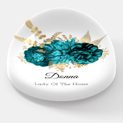 Donna NAME MEANING Teal Blue Gold Flower  Paperweight