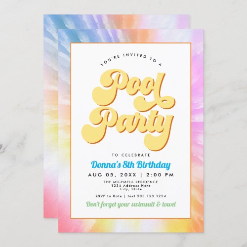 DONNA Retro Font Tie Dye Pool Party Birthday Invitation