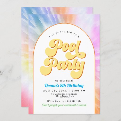 DONNA Retro Font Tie Dye Pool Party Birthday Invitation