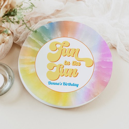 DONNA Retro Font Tie Dye Pool Party Birthday Paper Plates