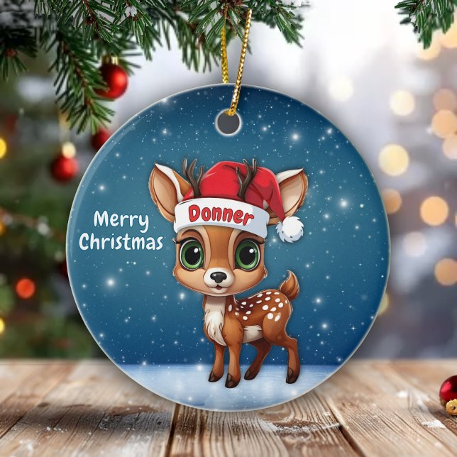 Donner Cute Whimsical Reindeer Graphic Unique🦌 🎄 Ceramic Ornament (Personalizable Cute Whimsical Reindeer Graphic, Snowy Deer illustration, Blue Festive Ornament 🦌🎄)
