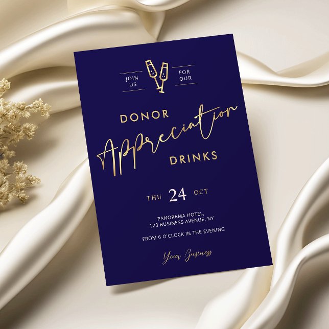 Donor Appreciation Navy Blue & Faux Gold Business Invitation (Elegant navy and gold business appreciation event invitation)