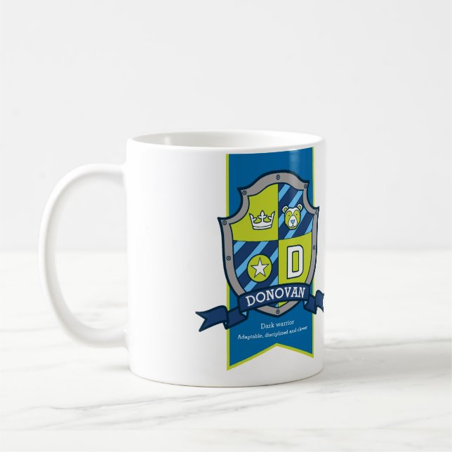 Donovan knight shield green blue bear name meaning coffee mug (Left)