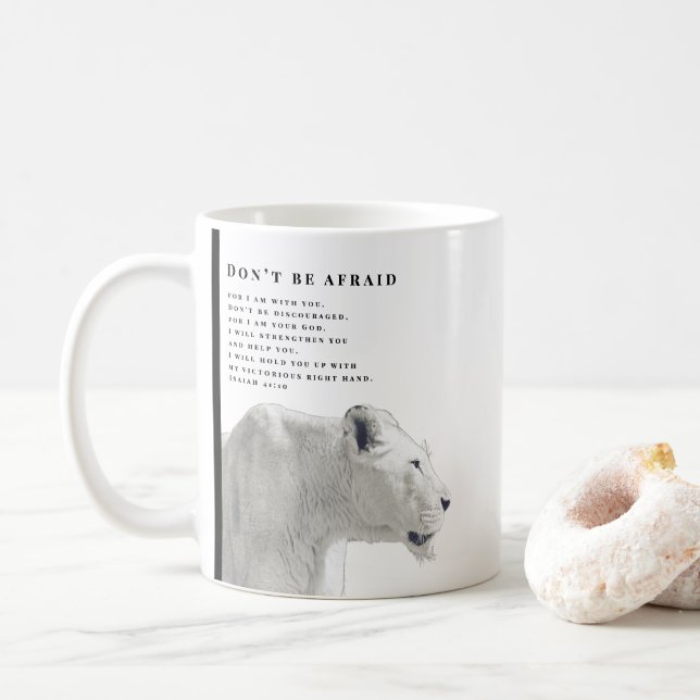 Don't Be Afraid Bible Verse Art Lion Coffee Mug (With Donut)