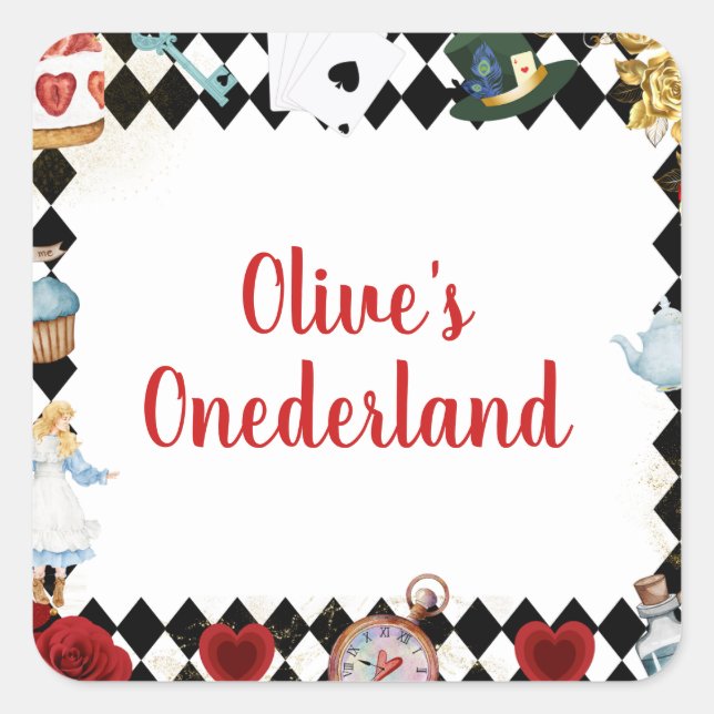 "Don't Be Late" Alice in ONEderland First Birthday Square Sticker (Front)
