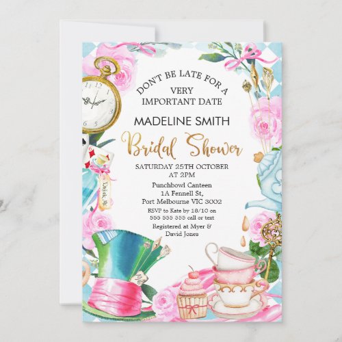 Dont be Late Alice in Wonderland Bridal Shower Invitation