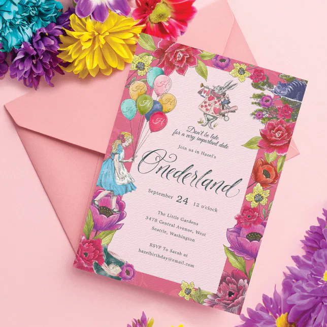 Don't Be Late Vintage Alice In Onederland Floral Invitation
