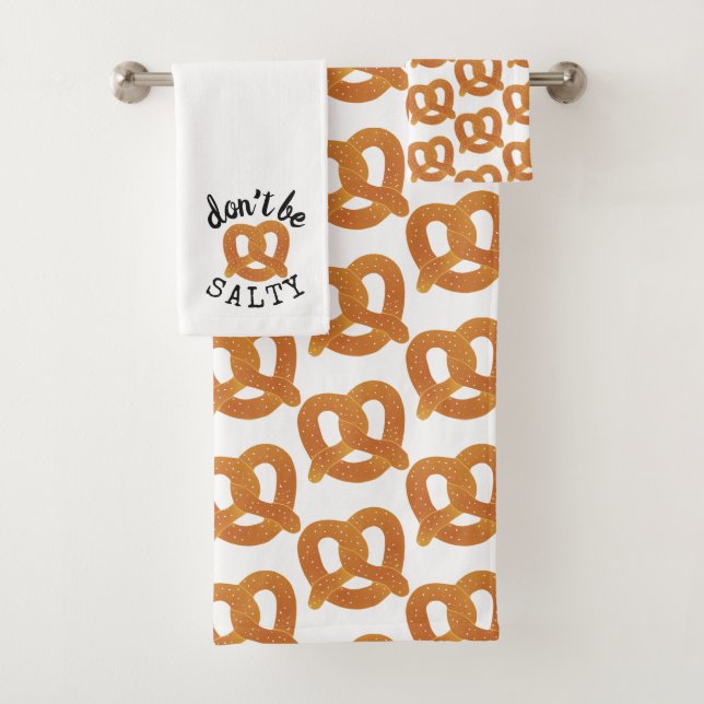 Don't Be Salty Funny Pretzel Pun Bath Towel Set (Insitu)