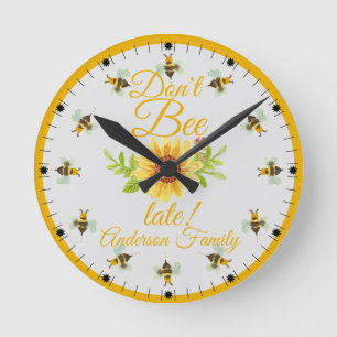 Don't Bee Late Bumble Bee Fun Round Clock