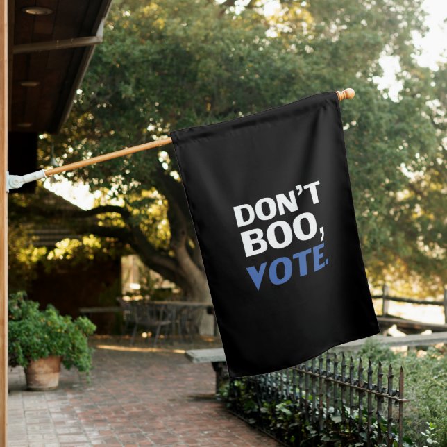 "Don't boo, vote" black white blue Halloween House Flag (In SItu)