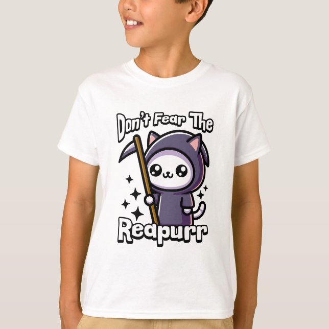 Don't Fear The Reapurr! Cute Grim Reaper Cat Pun T-Shirt (Front)