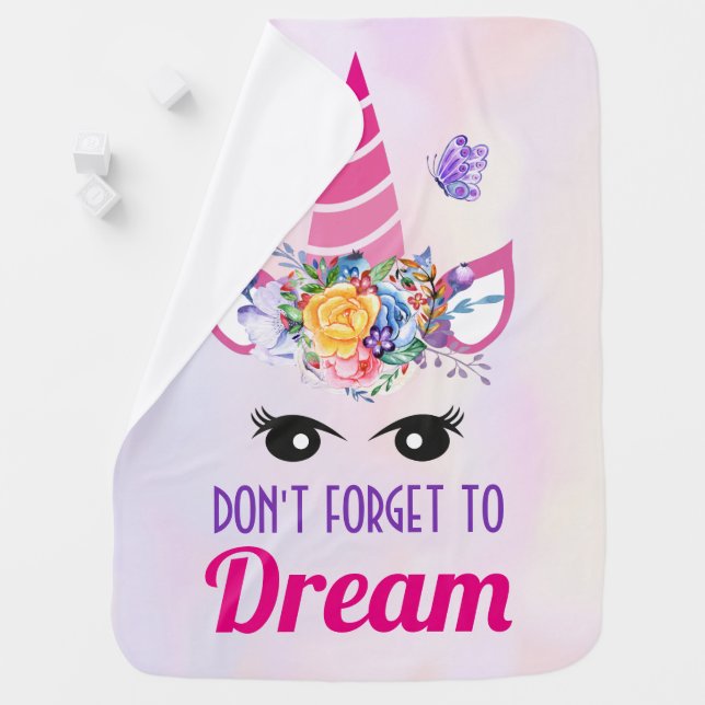 Don't Forget to Dream Cute Pink Unicorn Baby Blanket (In Situ)