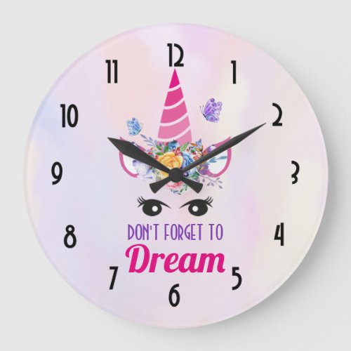 Dont Forget to Dream Cute Pink Unicorn Large Clock