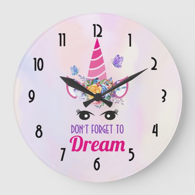 Don't Forget to Dream Cute Pink Unicorn Large Clock (Front)