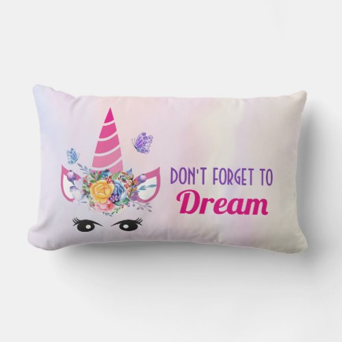 Dont Forget to Dream Cute Pink Unicorn Lumbar Pillow
