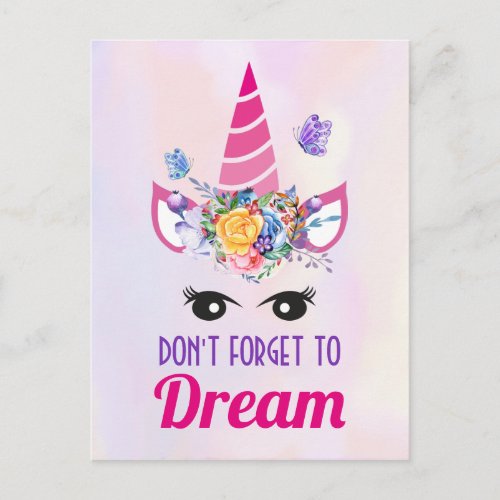 Dont Forget to Dream Cute Pink Unicorn Postcard