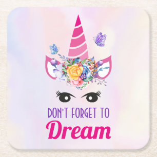 Don't Forget to Dream Cute Pink Unicorn Square Paper Coaster
