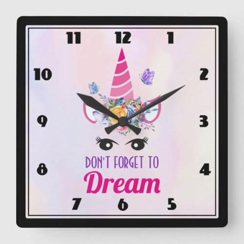 Dont Forget to Dream Cute Pink Unicorn Square Wall Clock