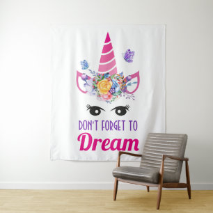 Don't Forget to Dream Cute Pink Unicorn Tapestry