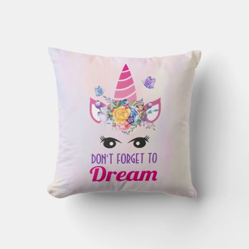 Dont Forget to Dream Cute Pink Unicorn Throw Pillow