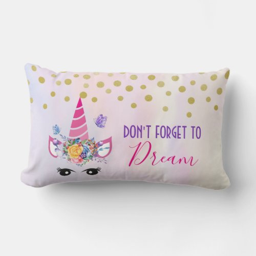 Dont Forget to Dream Pink Unicorn  Confetti Lumbar Pillow