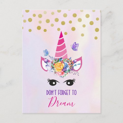 Dont Forget to Dream Pink Unicorn  Confetti Postcard