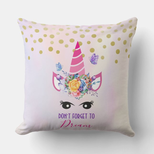 Don't Forget to Dream Pink Unicorn & Confetti Throw Pillow (Front)