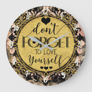 Don't Forget to Love Yourself Black Marble Swirl Large Clock