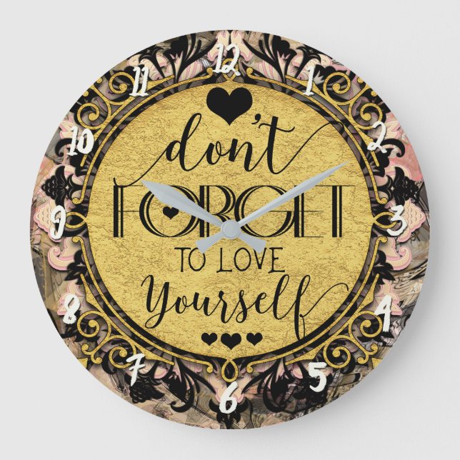 Don't Forget to Love Yourself Black Marble Swirl Large Clock (Front)