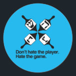 DON'T HATE THE DREIDEL PLAYER CLASSIC ROUND STICKER<br><div class="desc">Holiday Humor, LGBTQ Designs and Funny Christmas Gifts From LGBTShirts.com Shop for Everyone at LGBTshirts.com - Browse over 10, 000 LGBTQ Gifts, Holiday Humor, Equality, Slang, & Culture Designs. The Most Unique Gay, Lesbian Bi, Trans, Queer, and Intersexed Apparel on the web. SHOP MORE LGBTQ Designs and Gifts at: http://www.LgbtShirts.com...</div>