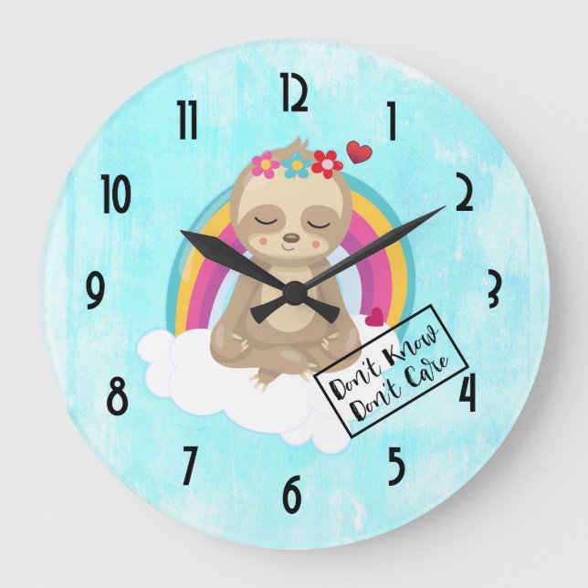 Don't Know Don't Care Text - Cute Meditating Sloth Large Clock (Front)