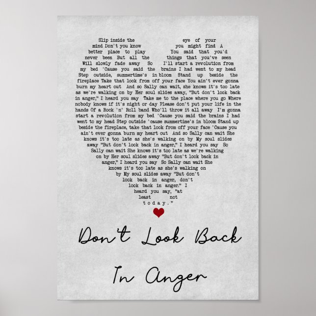 Don't Look Back In Anger Gray Heart Song Lyric Poster (Front)