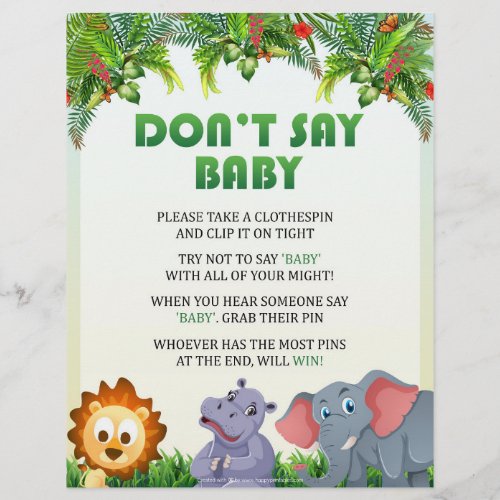 Dont Say Baby Baby Shower Game  Animal Theme Letterhead