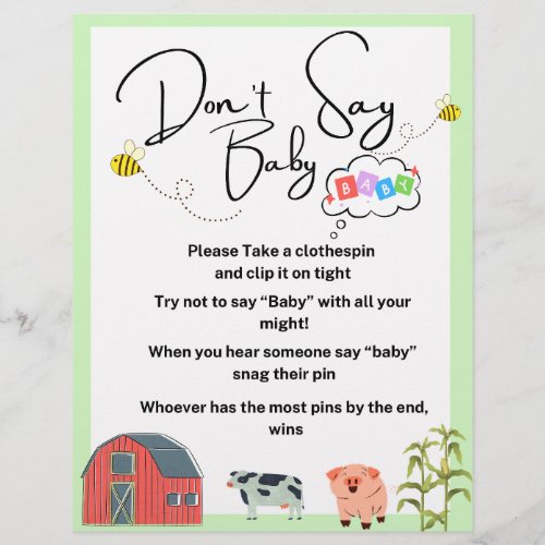 "don't say baby" baby shower game farm animal letterhead